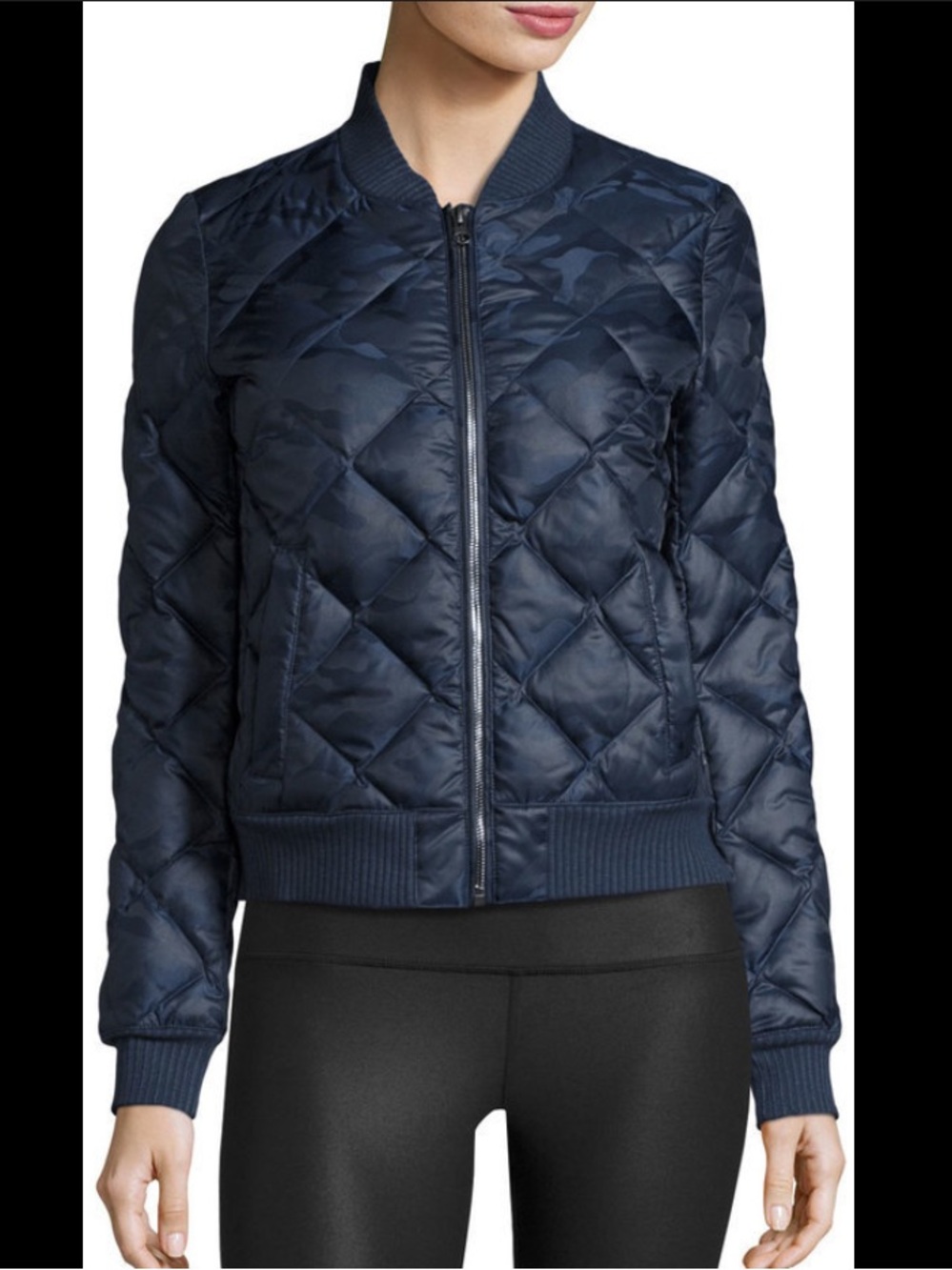 Alo Yoga Idol Camo Quilted Bomber Jacket Navy Blue Down Puffer Size M